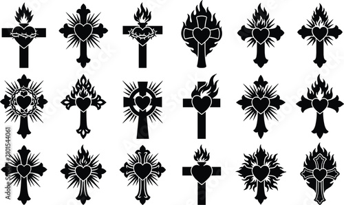 Obraz na płótnie Sacred Heart cross silhouette icons set religious Christian symbols with holy fl