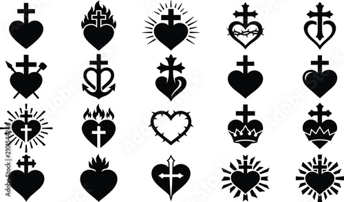 Fotografie Sacred Heart vector icons set with religious Christian cross and holy flame symb