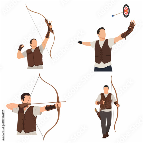 Tableau sur toile Archer Character Set in Various Poses with Longbow and Target Illustration