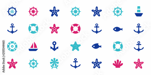 Fényképezés Nautical Icon Set Featuring Ship Wheels Anchors And Starfish In Teal And Pink