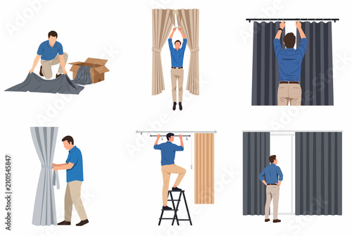 Set of illustrations of a man installing curtains, hanging drapes, and unboxing home decor for interior design concept.