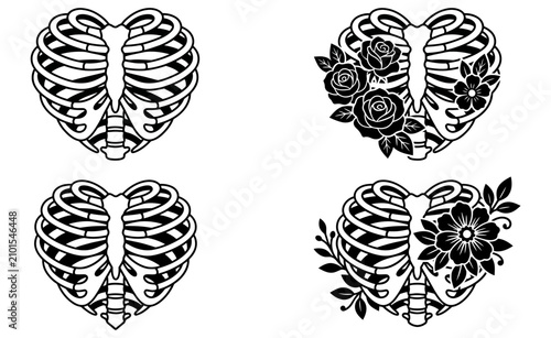 Four heart shaped rib cage illustrations two adorned with roses and foliage two plain skeleton black and white flowers bone anatomy design graphic abstract medical conceptual