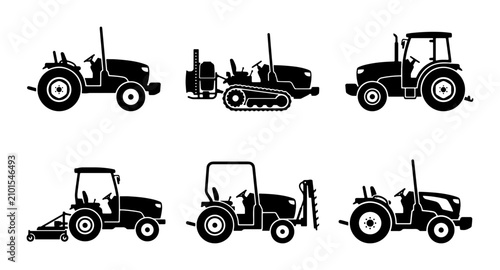 Cuadro en lienzo Tractor Icons Set, Agricultural Machinery Vector Graphics, Farm Equipment Silhou