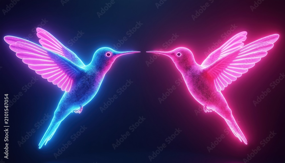 Fototapeta premium Two hummingbirds fly against dark background. Glowing neon blue, bright pink birds hover with spread wings in artistic digital composition. Vivid iridescent silhouettes shine in vibrant light. Modern
