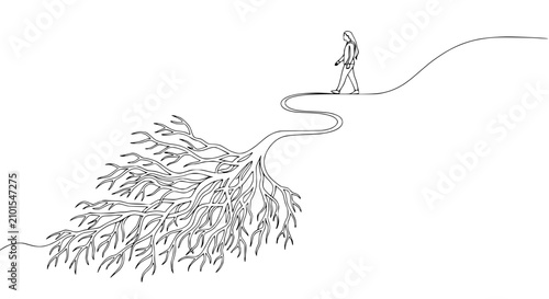 Photos Person walking on winding path connected to complex root system