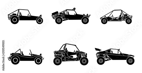 Fotografi Set of 6 Dune Buggy Icons, Off-Road Vehicle Silhouettes, Extreme Sports Vector G