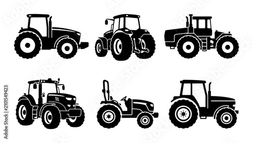 Cuadro en lienzo Set of Six Black Tractor Icons, Agricultural Machinery Vector Graphics, Farming
