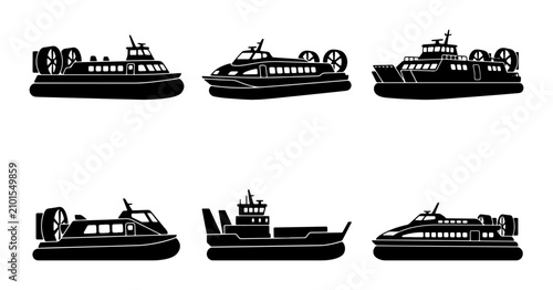 Obraz na płótnie Hovercraft Collection, Six Diverse Air Cushion Vehicles, Transportation Icons, B