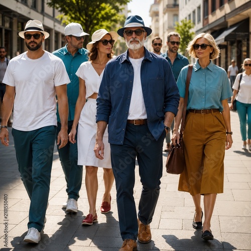People in modern clothing are walking along the street