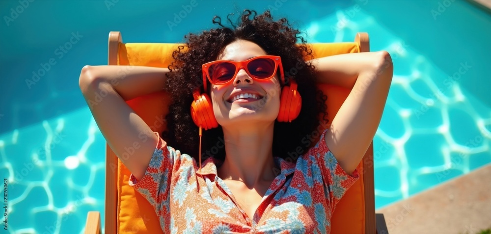 Naklejka premium Happy woman wears red sunglasses, orange headphones relaxing on lounge chair by swimming pool. Curly brunette girl smiles sunbathing under bright sun during vacation. Female enjoys summer leisure