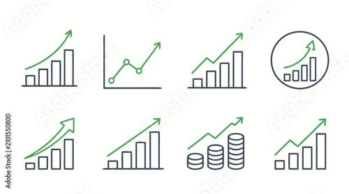 Minimal growth chart line icon set showing rising profits, upward arrows, bar graphs, revenue trends, coin stacks and financial performance analytics, editable stroke vector illustration