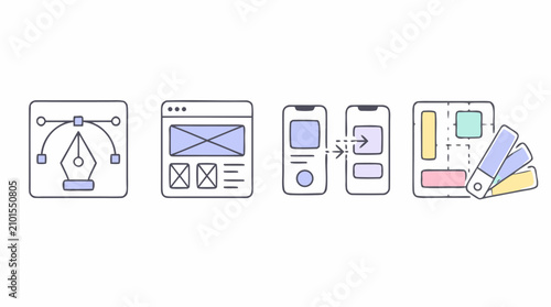 Rounded UI UX design line icon set featuring vector pen tool, website wireframe, mobile prototype flow, grid layout and color palette swatches, editable stroke vector illustration kit