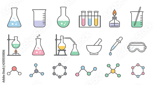 Chemistry laboratory outline icon set with beakers, flasks, test tubes, burner flame, distillation glassware, pipette, goggles and molecular structures, colorful editable vector illustration