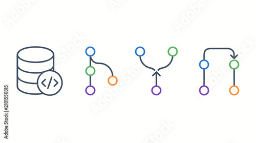 Rounded line icon set for code repositories, Git branching, merging, pull requests and version control workflows with editable strokes, colorful nodes, database symbol and clean developer vector style