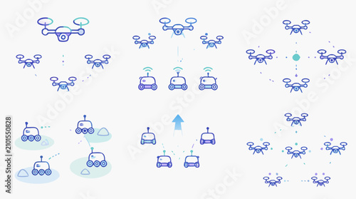 Slim blue line icon collection showing swarm robotics, drone coordination, autonomous rover teams and collective movement networks with editable stroke paths for AI, logistics and research vectors