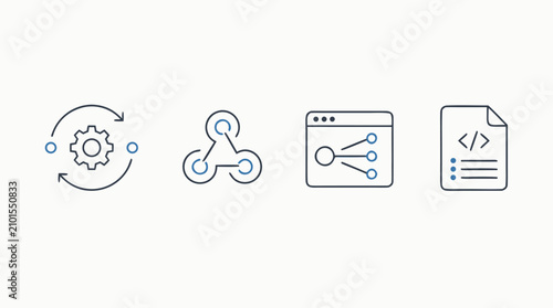 API integration thin line icon set for webhooks, endpoints, developer documentation, sync automation and connected services, clean editable stroke vector symbols for modern cloud apps