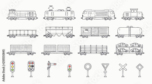 Cargo train and freight wagon thin line icon collection with locomotives, containers, tank cars, auto carriers and railway signals, editable vector transport symbols for logistics and shipping maps