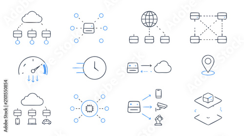 Edge computing thin line icon set showing distributed nodes, low latency gauge, local processing, cloud network, IoT devices, geolocation and data layers, editable stroke vector illustration
