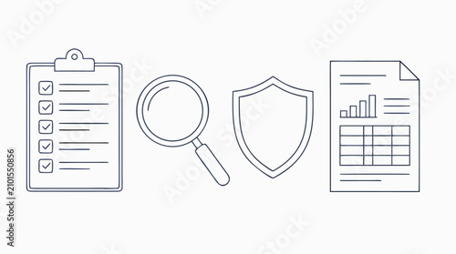 Compliance audit thin line icon set with checklist, magnifying glass, shield badge and report sheet, regulatory risk review, internal control, business governance, editable stroke vector illustration