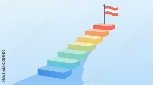 Upward pastel staircase to summit goal flag over soft mountain landscape, symbolizing achievement, progress, ambition, milestones and business success in clean vector illustration style