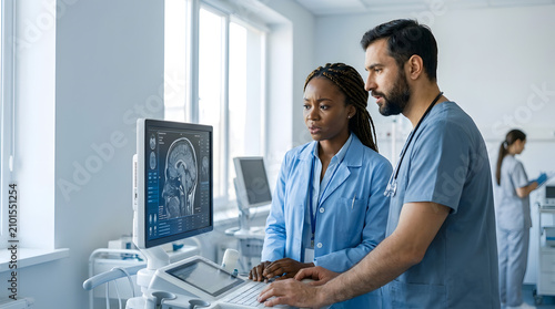 Neurologists analyzing brain scan on monitor. Doctors reviewing medical imaging in hospital.