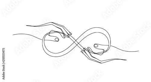 Continuous line art of hands forming an infinity symbol, representing connection and eternity
