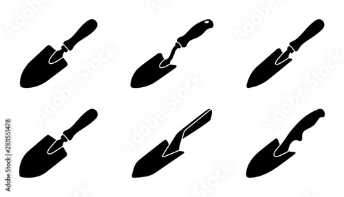 Bild auf Leinwand Gardening Trowel Icons Set, Hand Tool Silhouettes for Planting and Digging, Blac