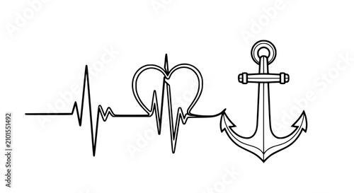 Quadro su tela Nautical Heartbeat Anchor Line Art Symbol