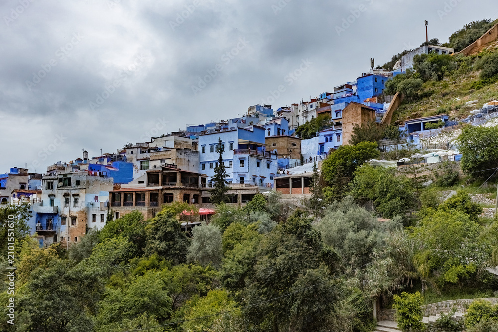 Fototapeta premium Aerial view of Chefchaouen town from the surrounding hill in Morocco