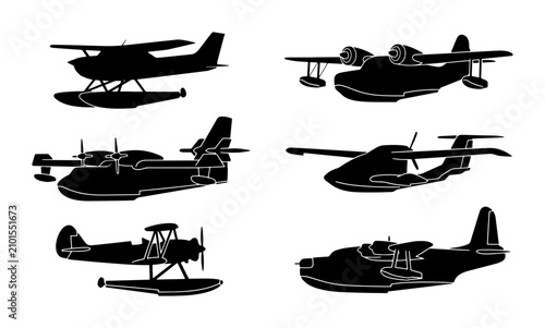 Konstfotografi Seaplane Silhouettes Collection, Amphibious Aircraft Vector Icons, Water Plane S