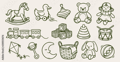 Cuadro en lienzo hand drawn baby toys seamless pattern, vintage duck train vector illustration, g