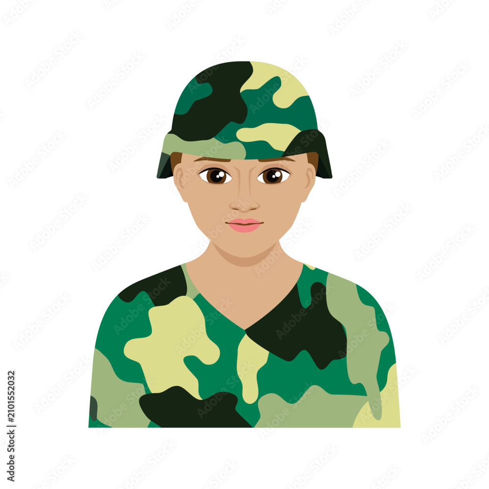 Fototapeta premium Smiling female soldier in green camouflage uniform and helmet avatar icon vector illustration. Young woman army soldier in military clothing icon on a white background. Female armed force cartoon