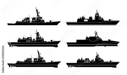 Schilderij op canvas Modern Warships Collection, Naval Destroyer Silhouettes, Military Vessel Icons,