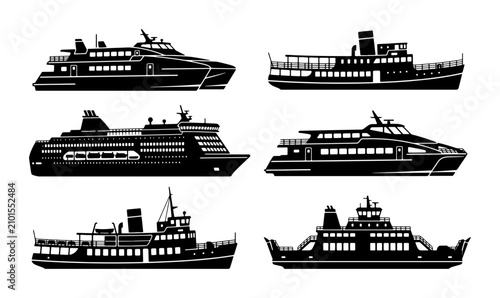 Foto Modern Ferry Boat Silhouettes, Passenger Ship Collection, Maritime Transport Ico