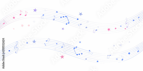 Tableau sur toile Musical notes and stars flow across a white background in a vector illustration