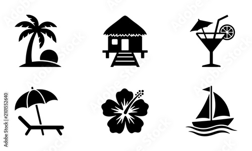 Foto Tropical Vacation Icons: Beach, Hut, Cocktail, Umbrella, Flower, Sailboat Set