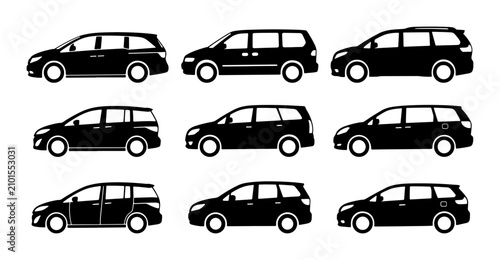 Schilderij op canvas Minivan Icons, Family Car Silhouettes, Automotive Vector Collection for Transpor