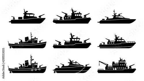 Konstfotografi Military Patrol Boats Set, Naval Vessels Collection, Armed Ships Vector Icons