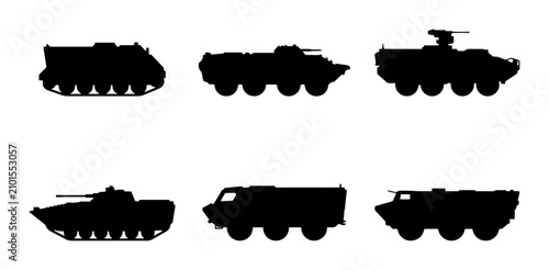Cuadro en lienzo Military Vehicle Silhouettes: Armored Transport, Tanks, and APCs Collection