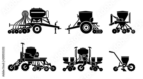 Cuadro en lienzo Agricultural Seed Planter Machines, Farming Equipment Silhouettes, Crop Sowing T