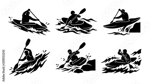 Konstfotografi Kayaking Action Silhouettes, Whitewater Paddling Sports, Extreme Water Adventure