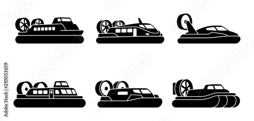 Photos Hovercraft Icons Set, Six Air Cushion Vehicles, Transportation Vector Graphics