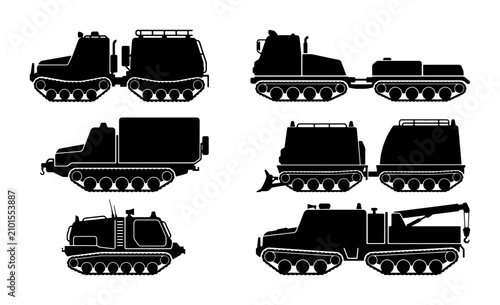 Obraz na płótnie All-Terrain Vehicle Silhouettes, Snowcat Truck Vector Set, Rugged Expedition Tra