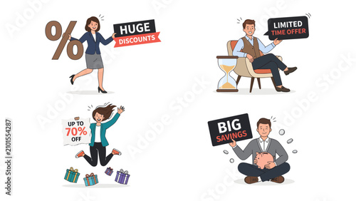 Bild auf Leinwand Special Offer Collage: Four diverse individuals are depicted in a collage showcasing various promotional offers including huge discounts, up to 70% off, limited time offers, and big savings