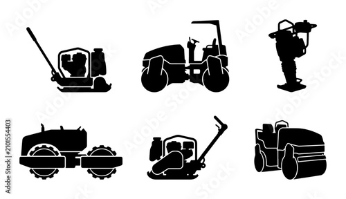 Foto Compactor Machine Icons, Road Roller Vector Set, Construction Equipment Silhouet