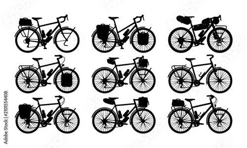 Fotografija Touring Bicycle Icons, Adventure Bike Silhouettes, Bikepacking Vector Set, Trave