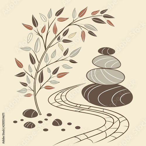 Cuadro en lienzo Abstract illustration of a tree with autumn leaves and stacked stones abstract i