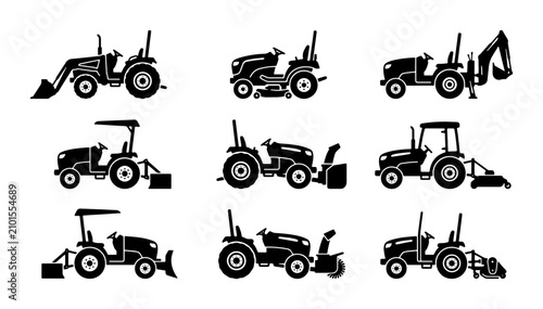 Konstfotografi Tractor Icons Set, Agricultural Machinery Vector Graphics, Farming Equipment Sil