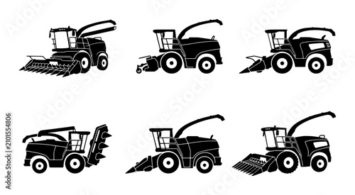 Foto Set of 6 Forage Harvester Icons, Agricultural Machinery Vector Graphics, Farm Eq