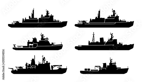 Quadro su tela Naval Warships Collection, Military Vessels Set, Modern Battleships Silhouettes,